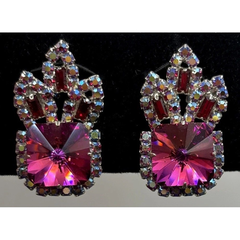 WOW!! VTG Watermelon Rivoli Rhinestone Clip Earrings Purple Red AB Silver Tone